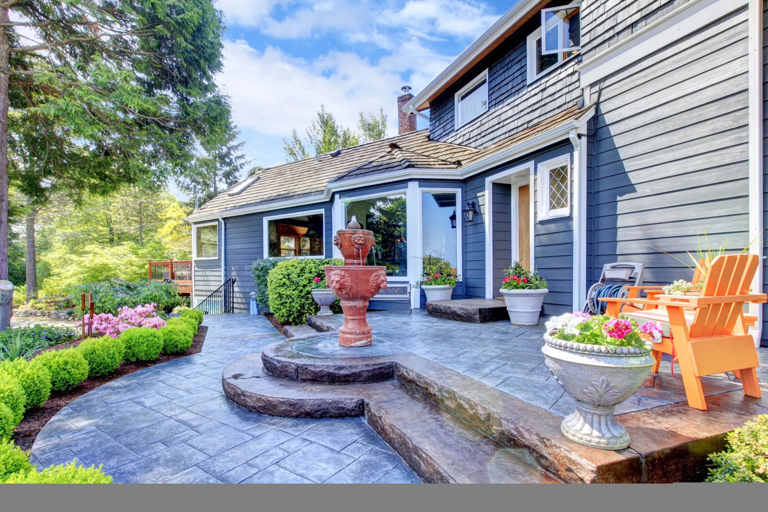 Blue House Entrance With Fountain
